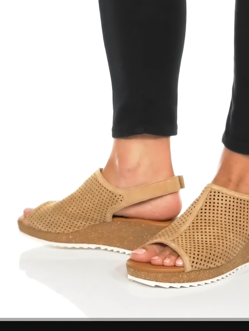 Paul Green Perforated Tan Wedge Slingback Sandals